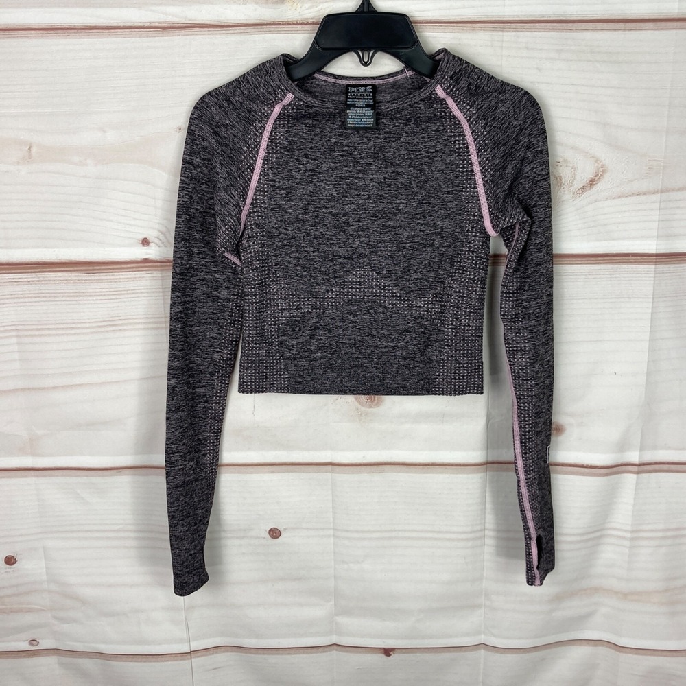 PINK Top Womens XS Pink Gray Seamless T-Shirt Crop Long Sleeve Space Dye Workout